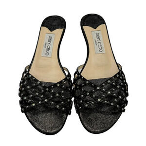 Jimmy Choo Black Crystal-Embellished Woven Slide Sandals